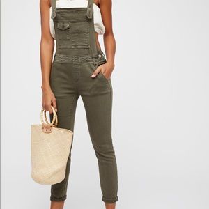 Free people wash denim overalls green